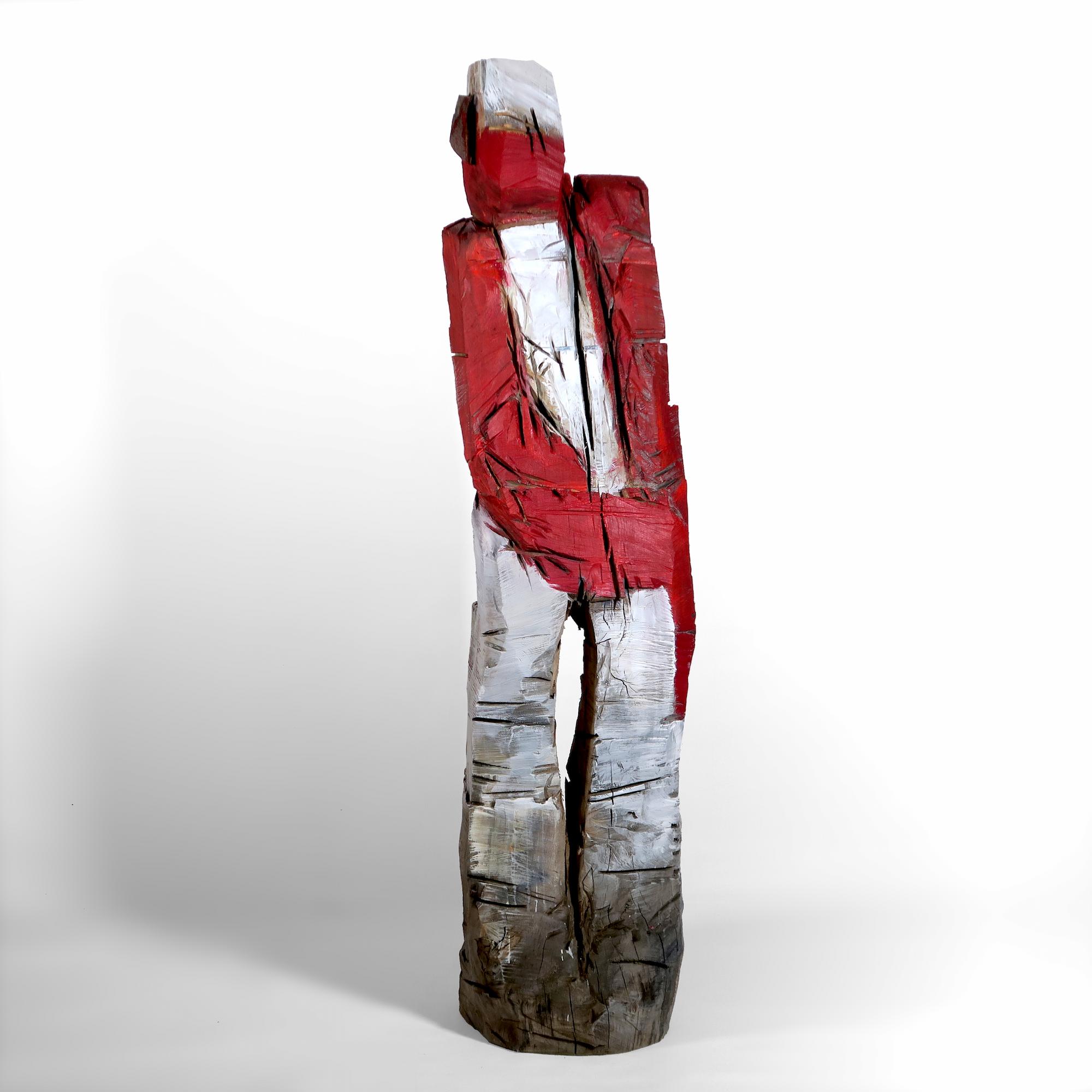 lebensgroße Holzskulptur 'Bernhard' aus der Serie der Holzköpfe von vorne